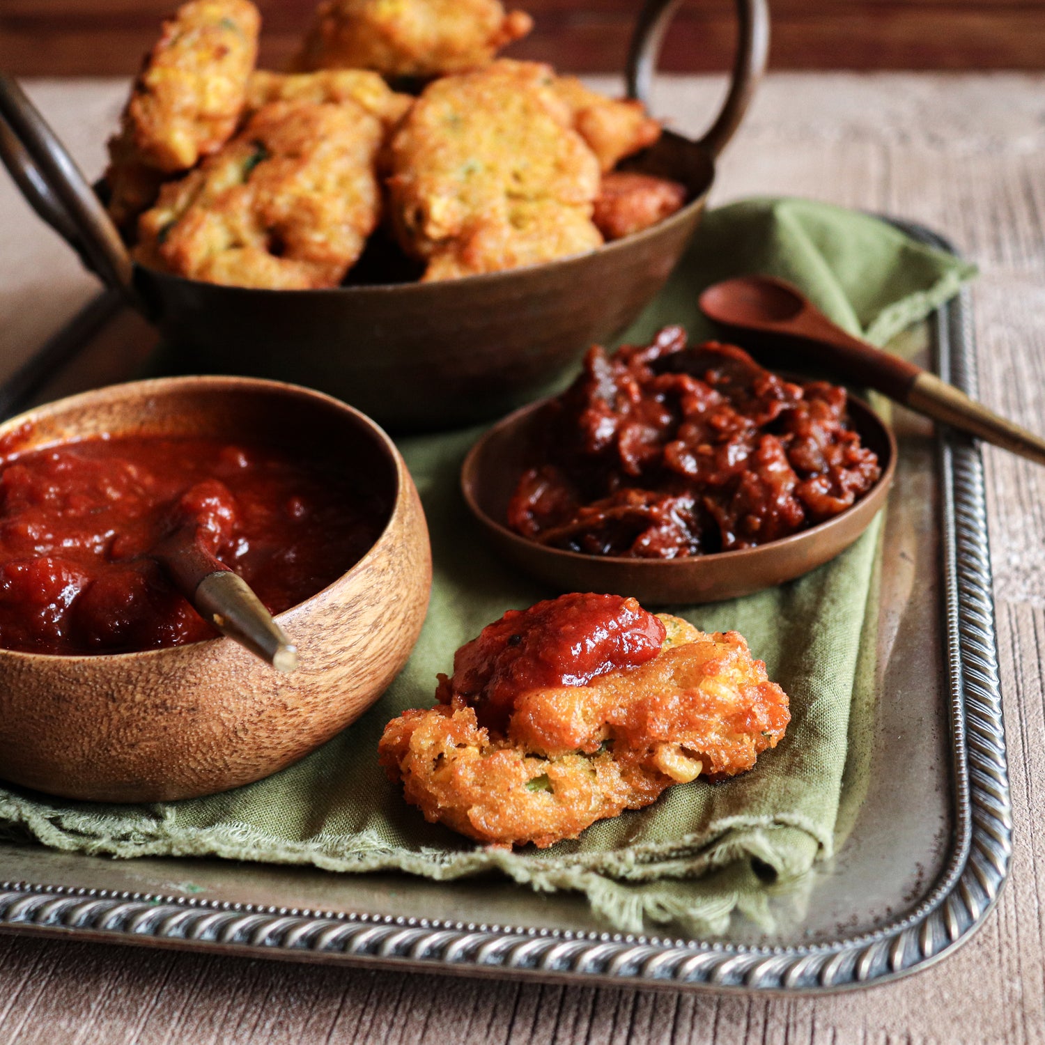 Corn Pakoda with Kasundi and Eggplant Chutney