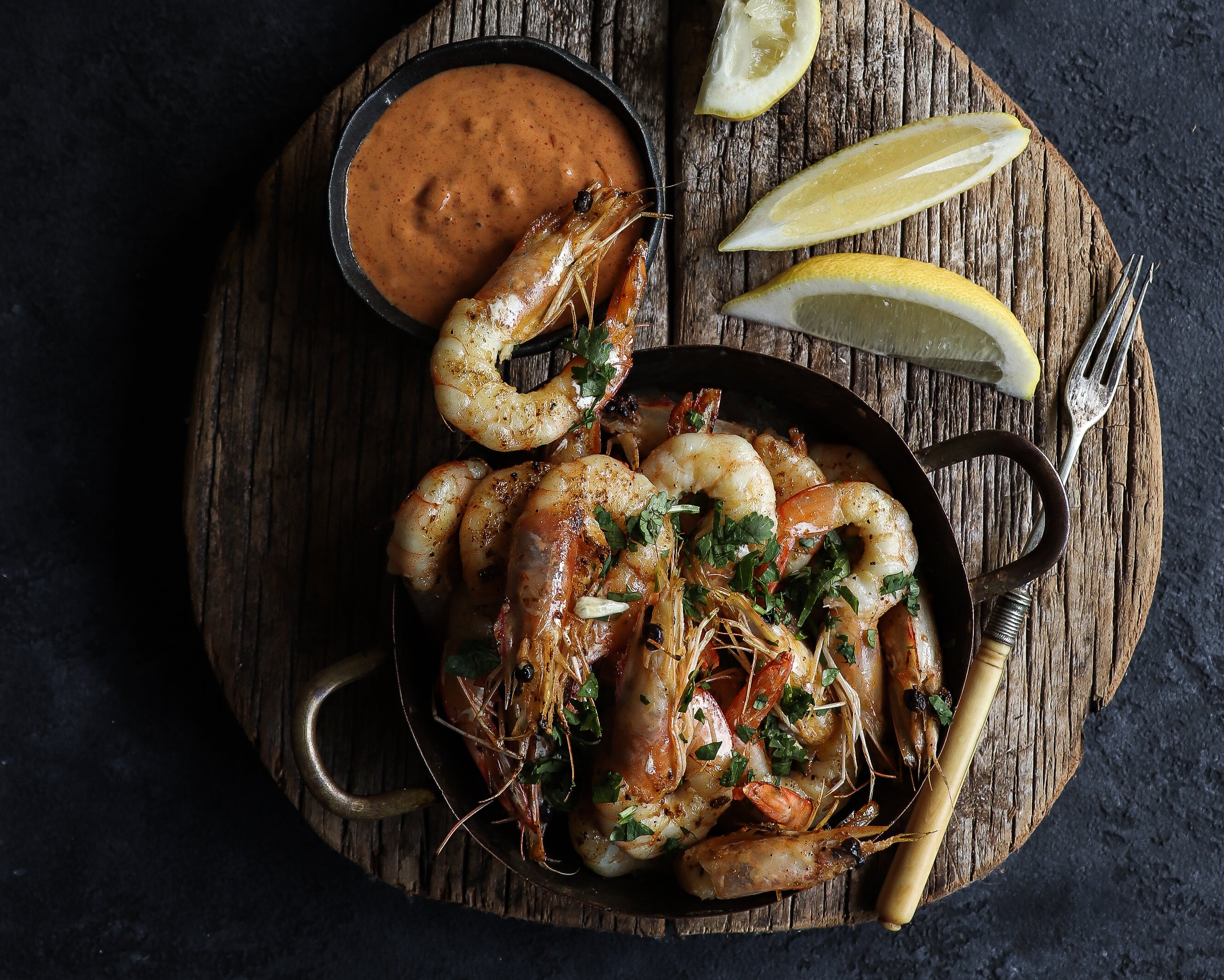 Pepper Prawns with Spicy Lemon Mayonnaise
